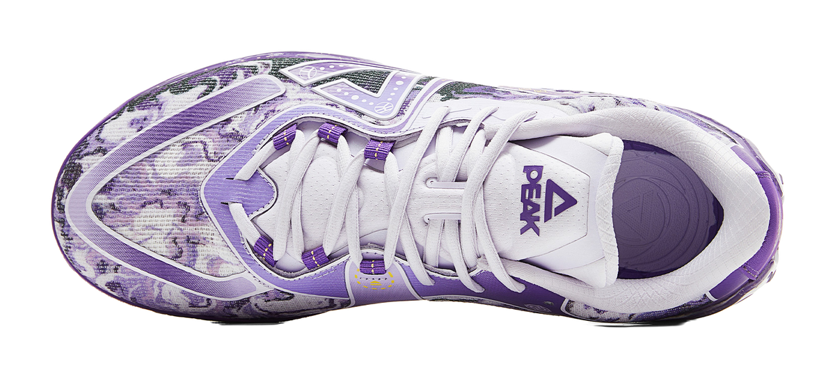 White and lavender basketball shoe heel view with laces and patterned side