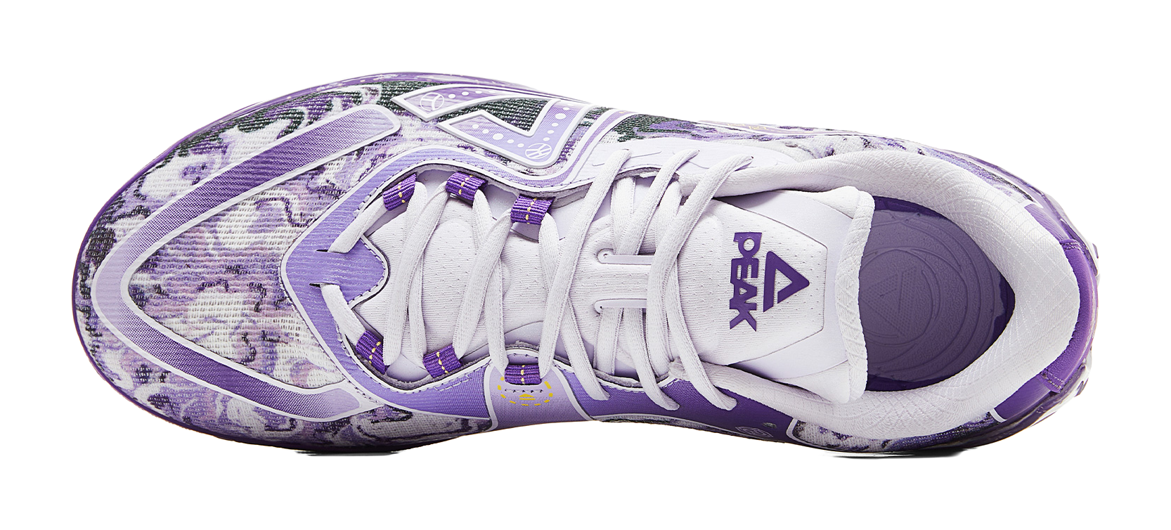 White and lavender basketball shoe heel view with laces and patterned side