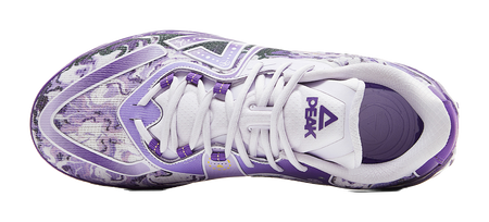 White and lavender basketball shoe heel view with laces and patterned side