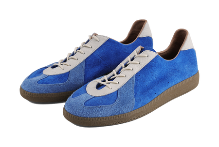 Front three-quarter view of blue low-top sneakers with white lace panels and brown sole.