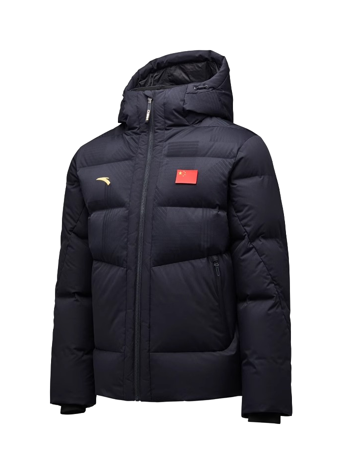 Men's hooded down jacket, dark navy quilted puffer with full-zip and side pockets