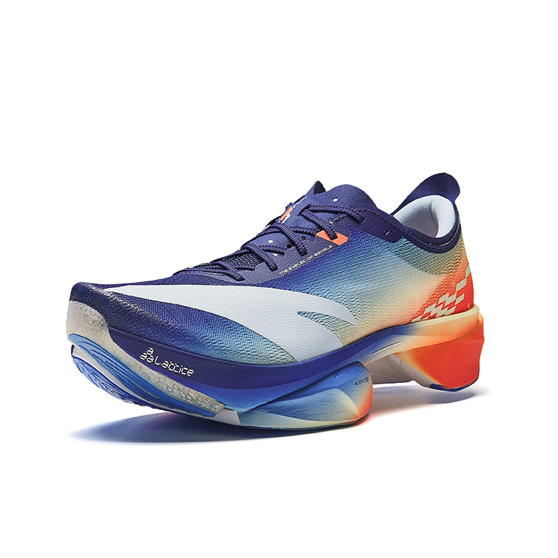 Unisex running shoe with blue gradient upper, white side panel, and orange heel