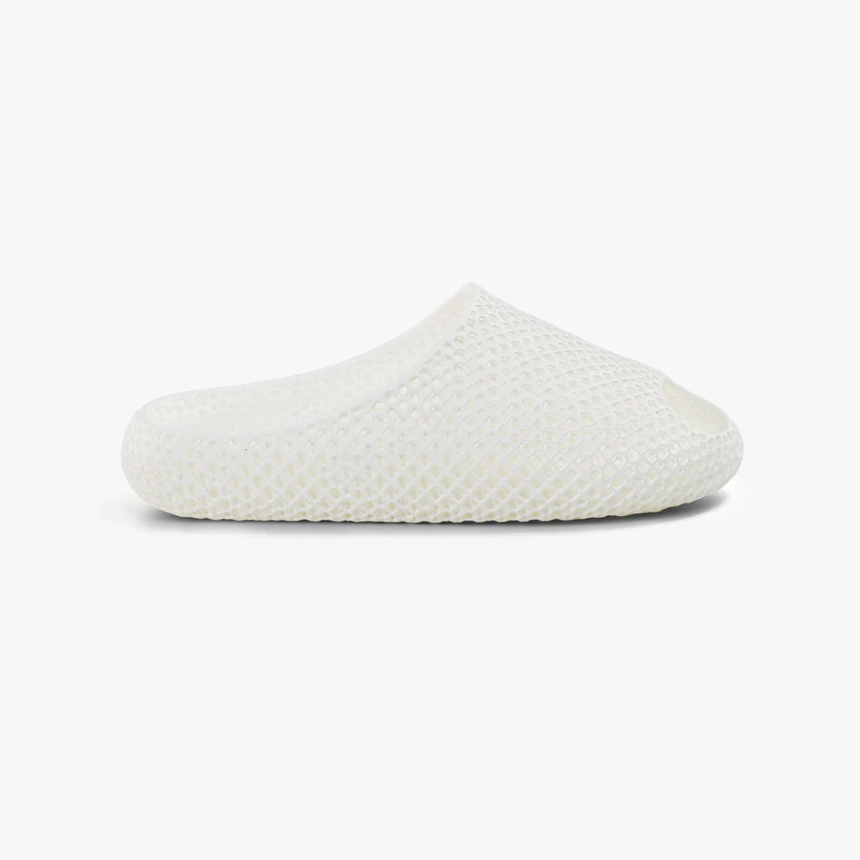 White 3D-printed slip-on slippers with textured honeycomb upper and rounded toe
