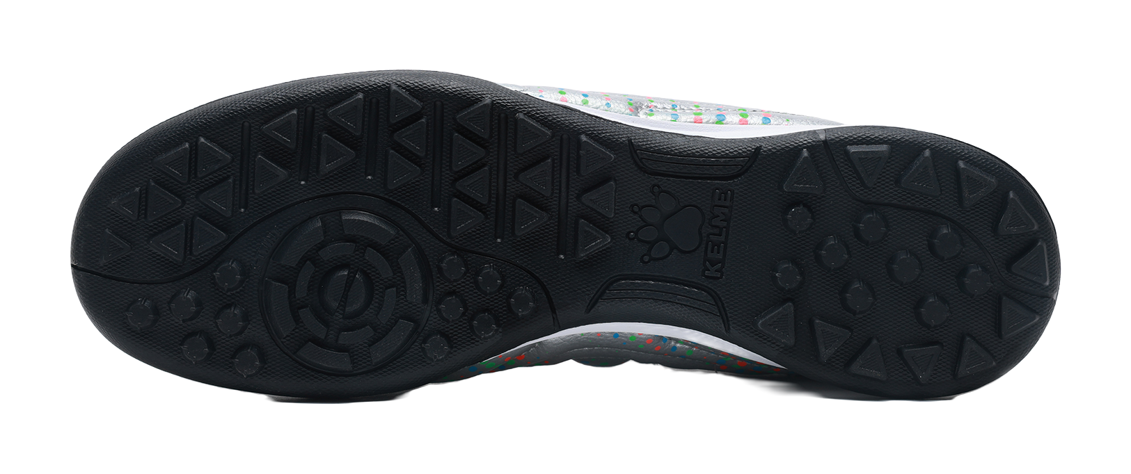 Black TF turf outsole with textured studs under silver shoe upper, KELME