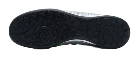 Black TF turf outsole with textured studs under silver shoe upper, KELME
