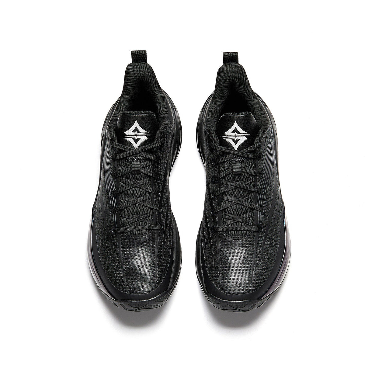 Black basketball shoe pair, lace-up tops with wing logo on the tongue