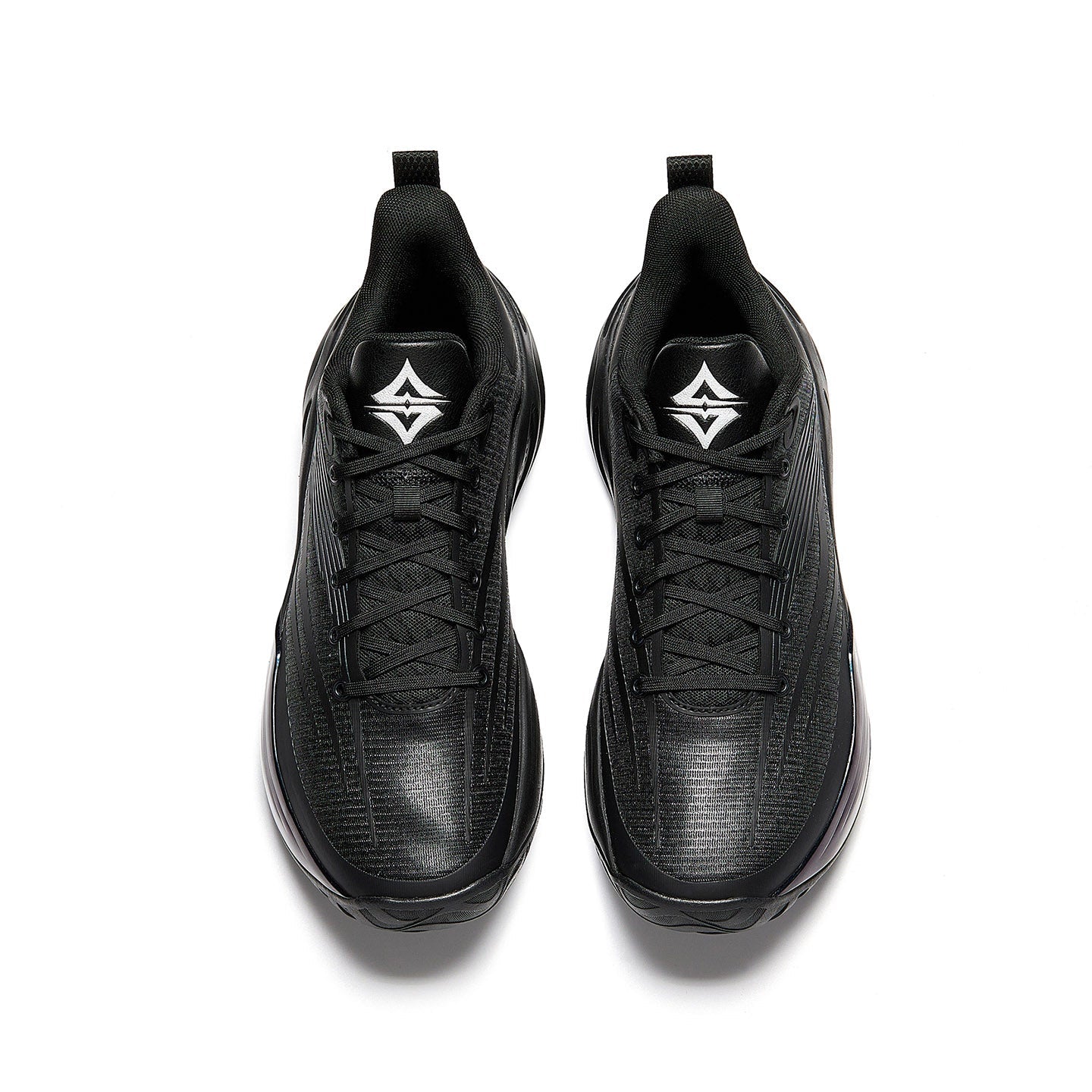 Black basketball shoe pair, lace-up tops with wing logo on the tongue