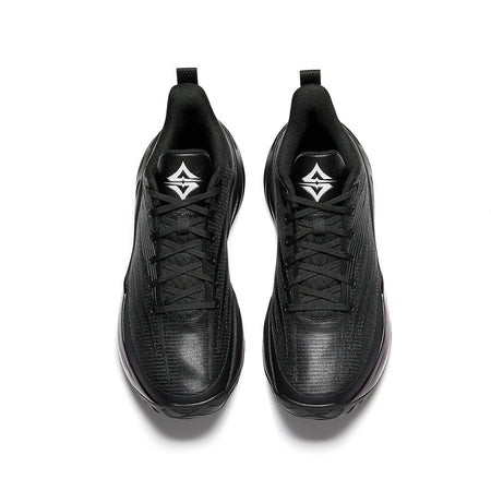 Black basketball shoe pair, lace-up tops with wing logo on the tongue