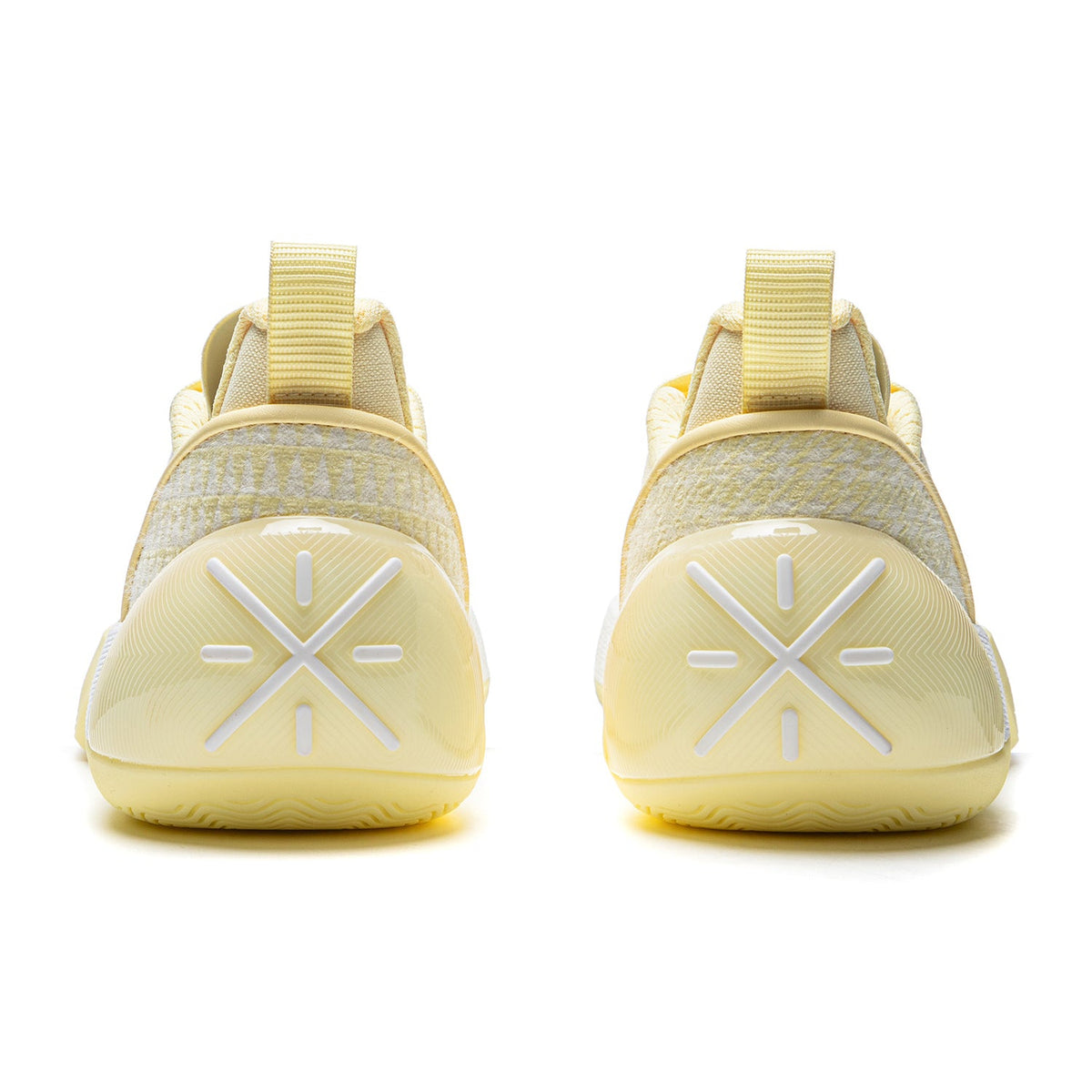 Men's basketball shoes, light yellow heel view with padded collar and rear pull tab