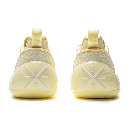 Men's basketball shoes, light yellow heel view with padded collar and rear pull tab