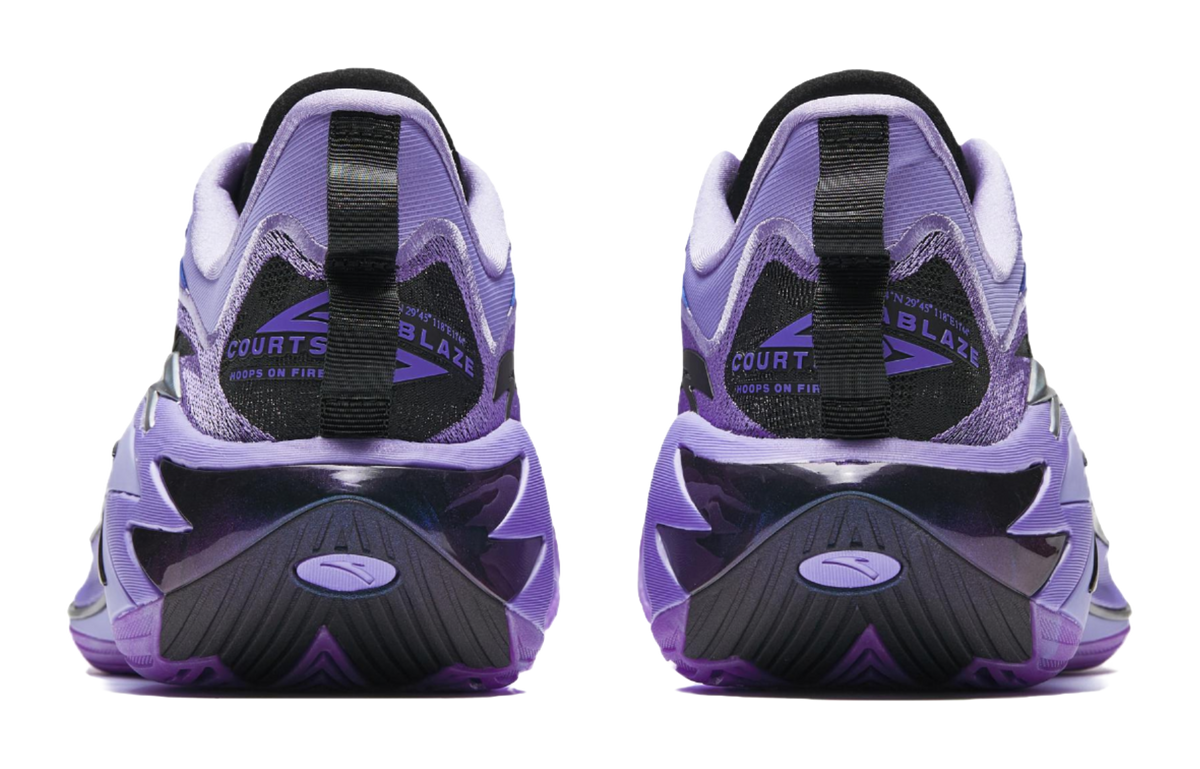 Purple basketball shoe pair from back with black heel strap and lace-up design.