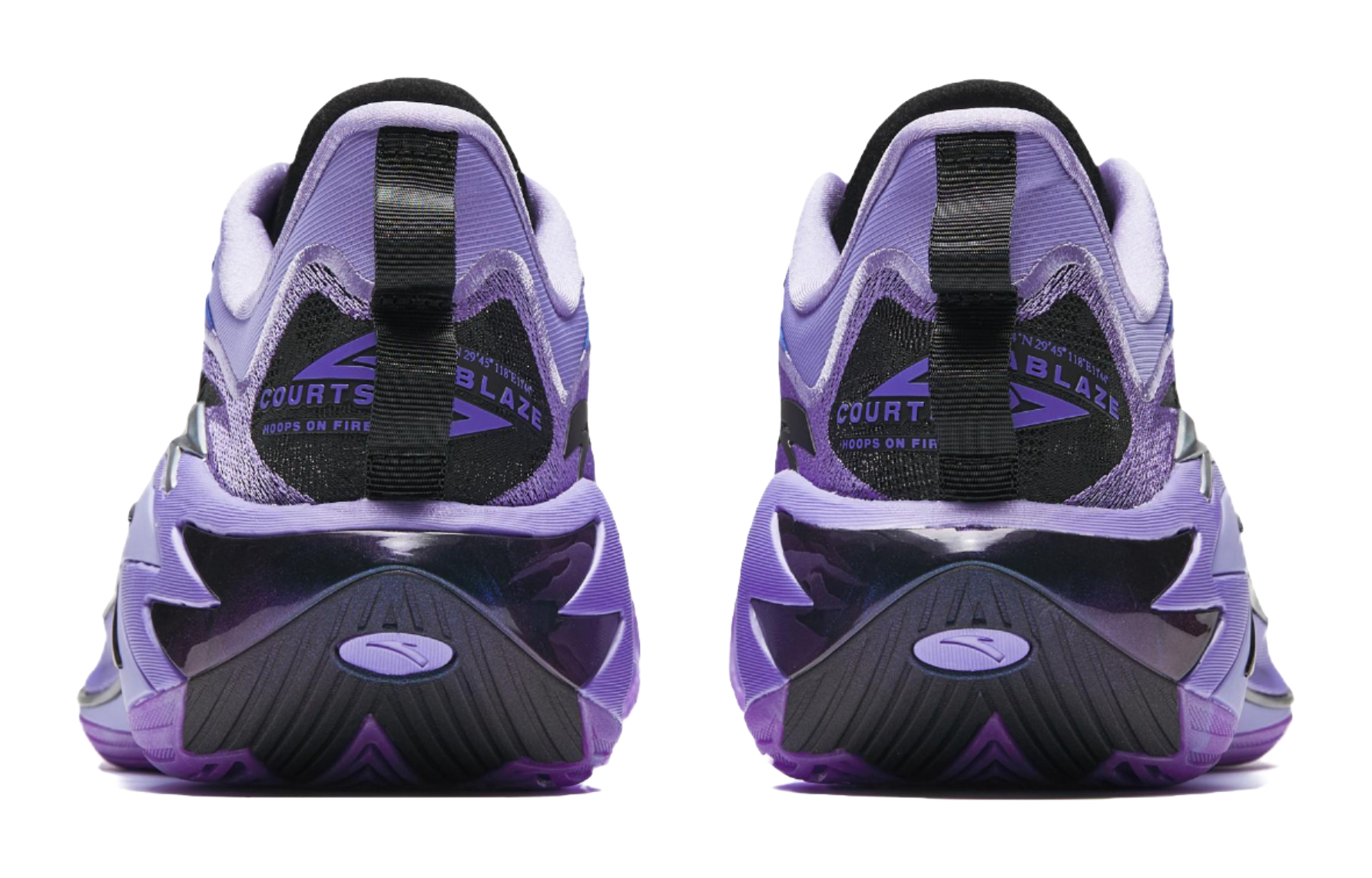 Purple basketball shoe pair from back with black heel strap and lace-up design.