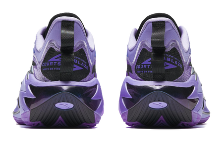 Purple basketball shoe pair from back with black heel strap and lace-up design.
