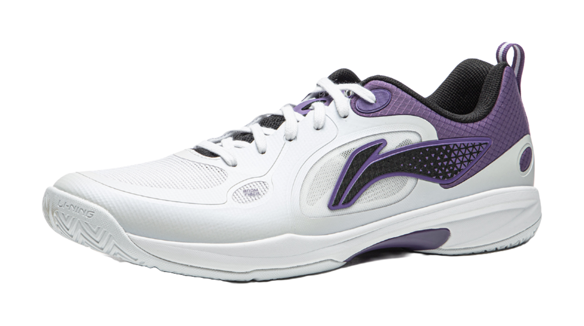White and purple lace-up table tennis shoe with molded side panel