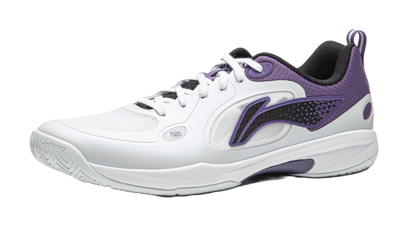 White and purple lace-up table tennis shoe with molded side panel
