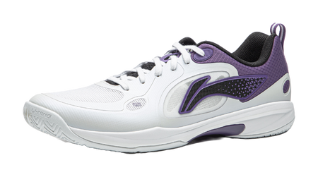 White and purple lace-up table tennis shoe with molded side panel