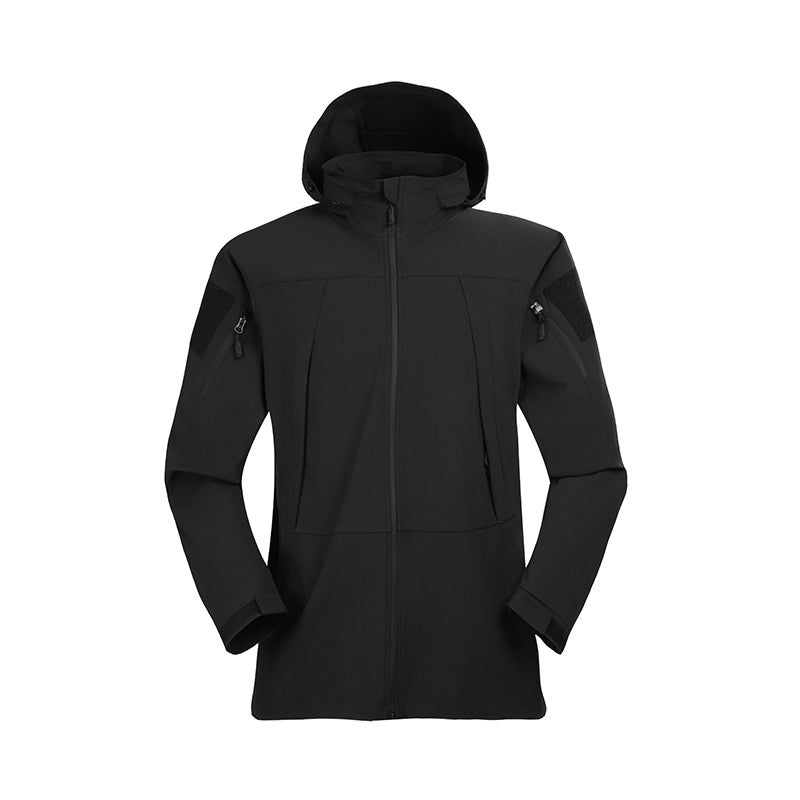 Black hooded waterproof jacket with full-zip front and side zipper pockets