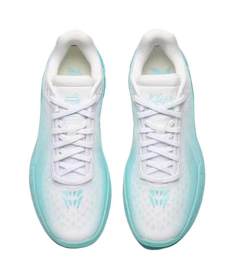 ANTA KT11 low-top basketball shoes, front view pair with white laces and light blue uppers