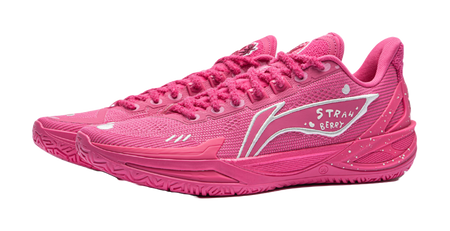 Pink low-top basketball shoe with mesh upper, laces and strawberry-themed side graphics.