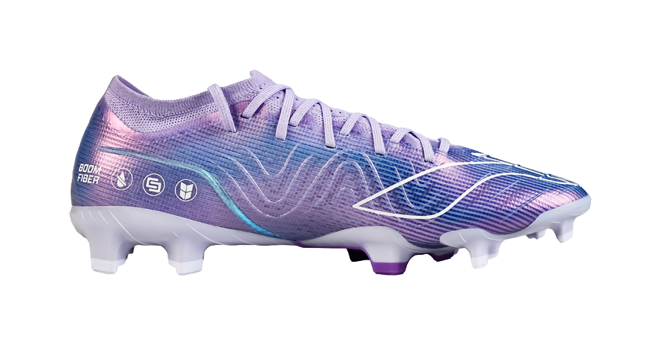 Li-Ning soccer cleat side view, blue-violet gradient mesh, white laces, FG studs