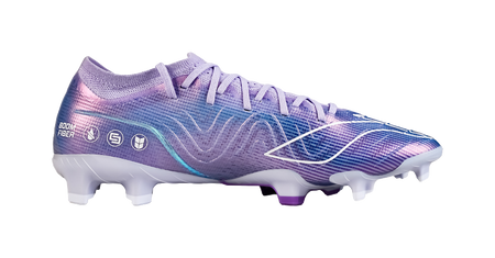 Li-Ning soccer cleat side view, blue-violet gradient mesh, white laces, FG studs