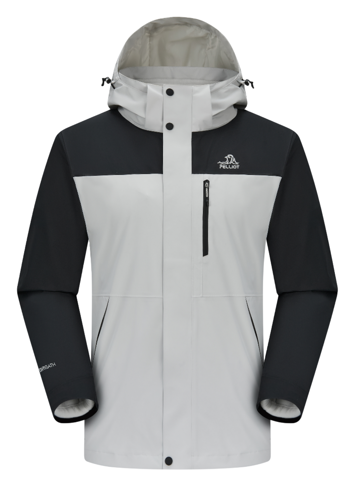 Colorblock windbreaker jacket with white, black, and hooded zip front