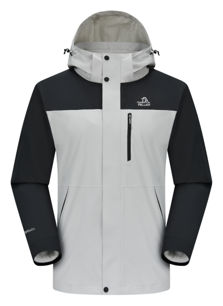 Colorblock windbreaker jacket with white, black, and hooded zip front