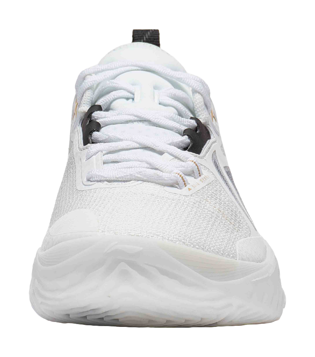 White basketball shoe with black heel panel and white laces, rounded toe