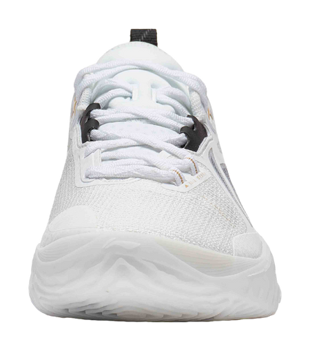 White basketball shoe with black heel panel and white laces, rounded toe