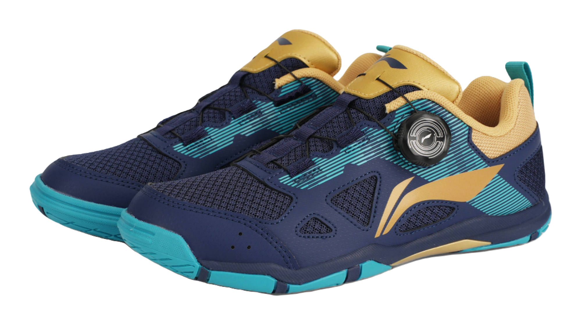 Pair of table tennis shoes in dark blue with gold panels and teal striped accents