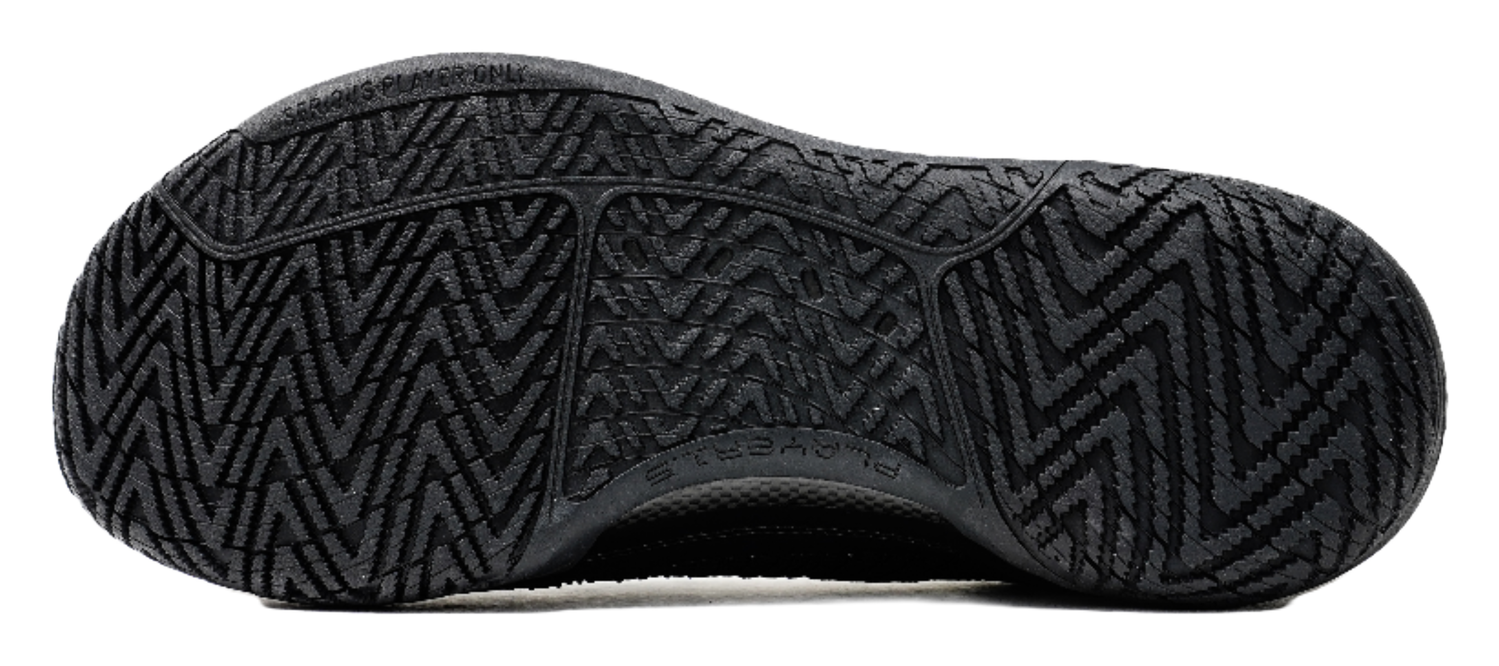 Black low-top basketball shoes, rubber outsole with zigzag tread pattern.