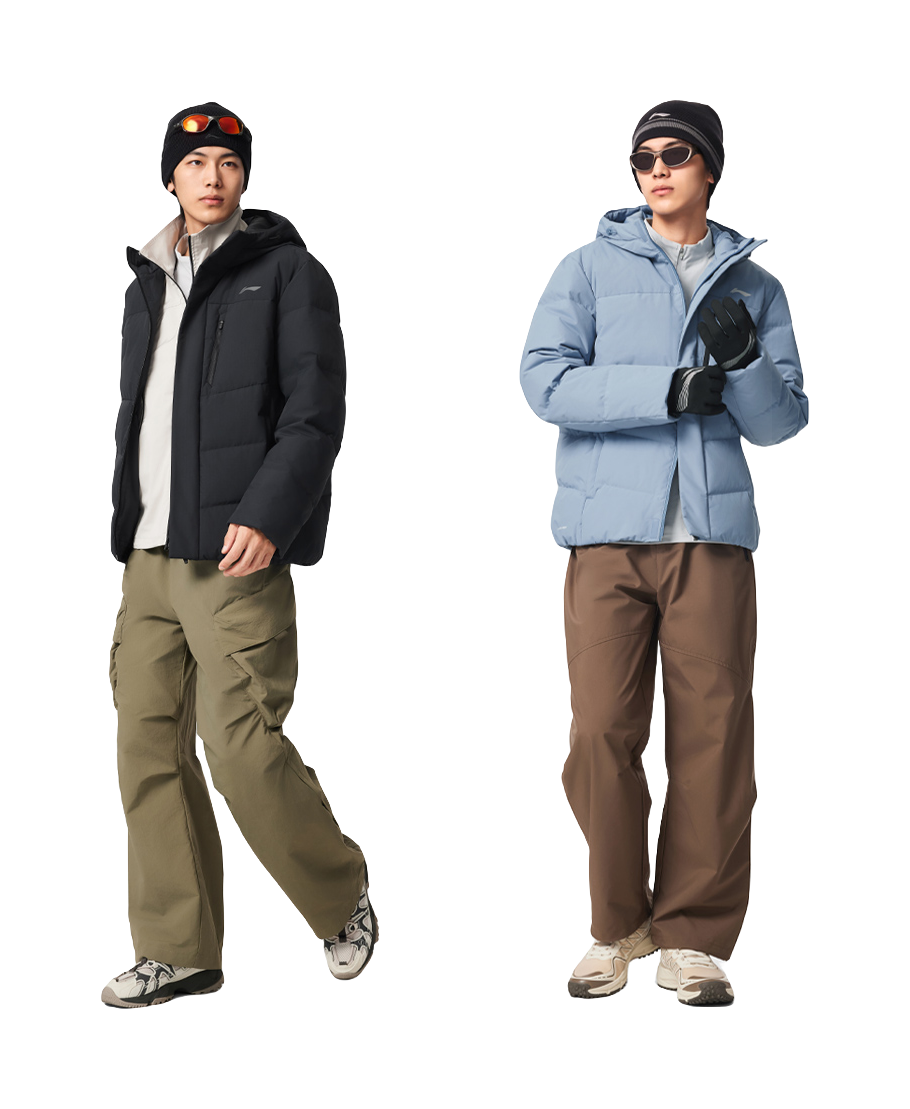 Men's black hooded down jacket with full-zip front, worn on model
