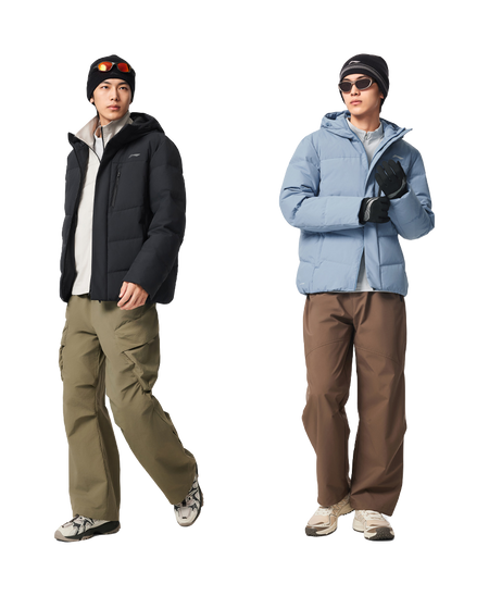 Men's black hooded down jacket with full-zip front, worn on model