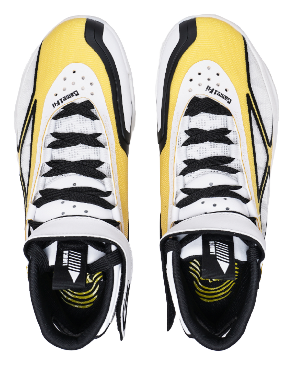 Pair of high-top sneakers, white uppers with yellow lining and black laces