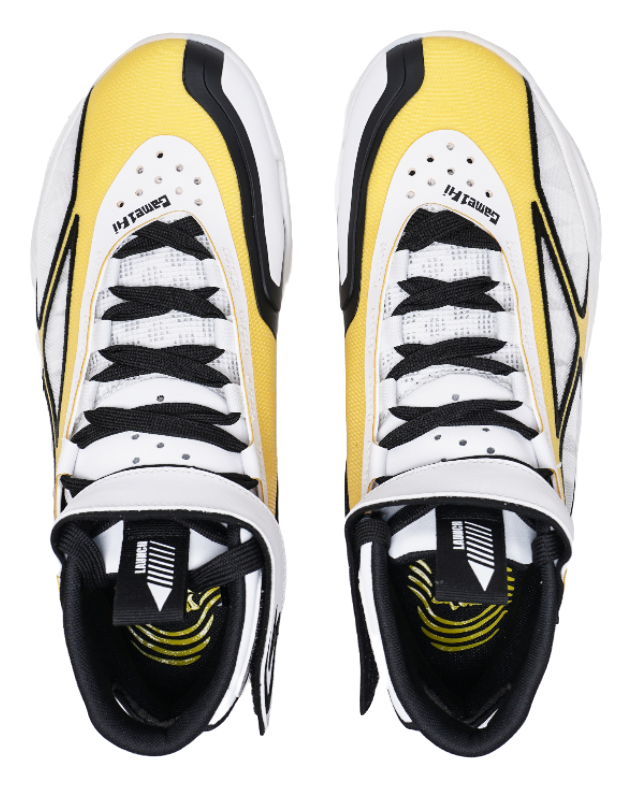 Pair of high-top sneakers, white uppers with yellow lining and black laces