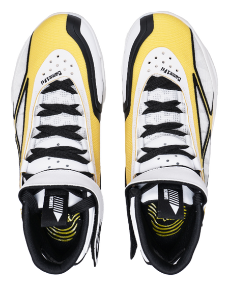 Pair of high-top sneakers, white uppers with yellow lining and black laces