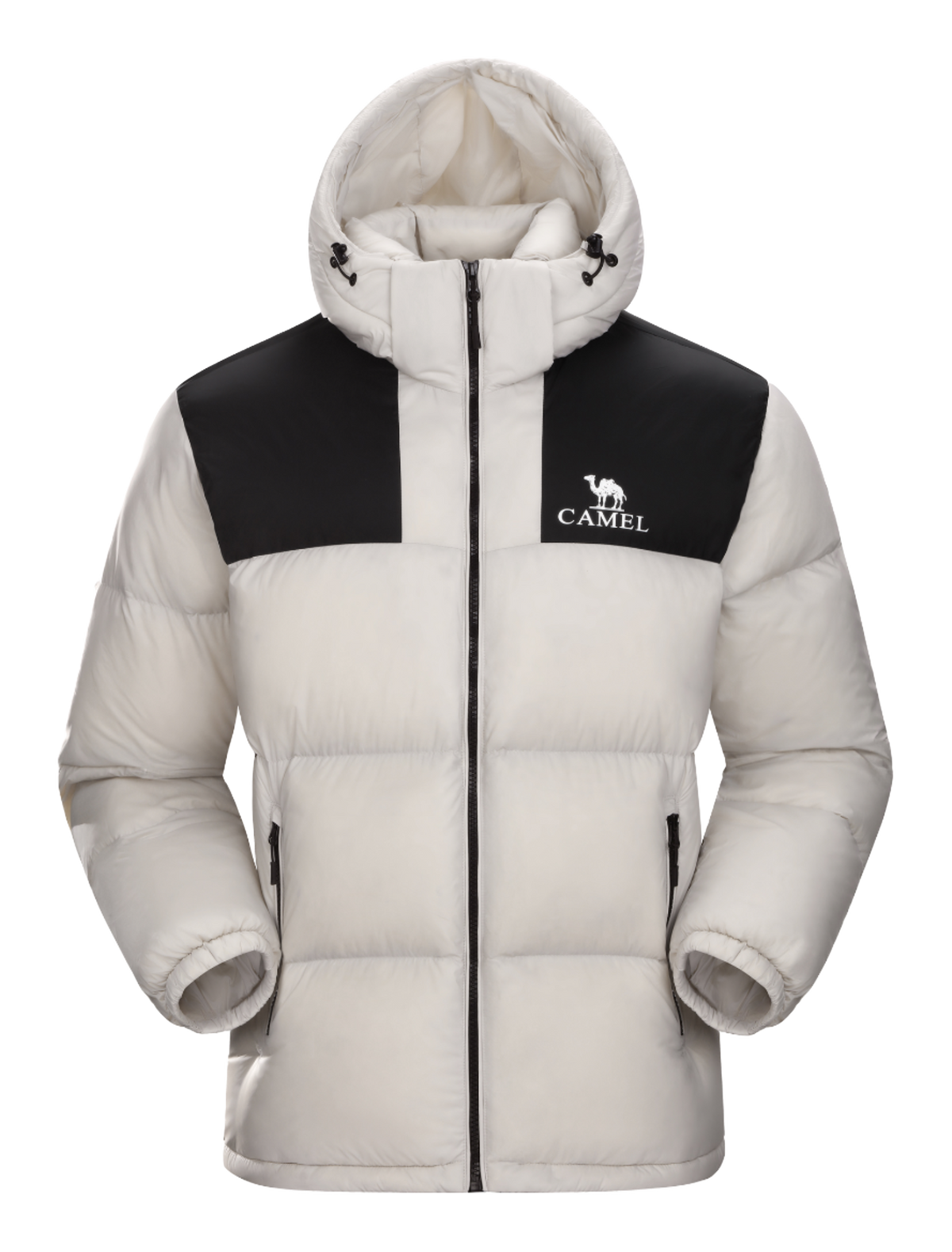 White hooded puffer jacket with black zipper and CAMEL logo, color-block panels.