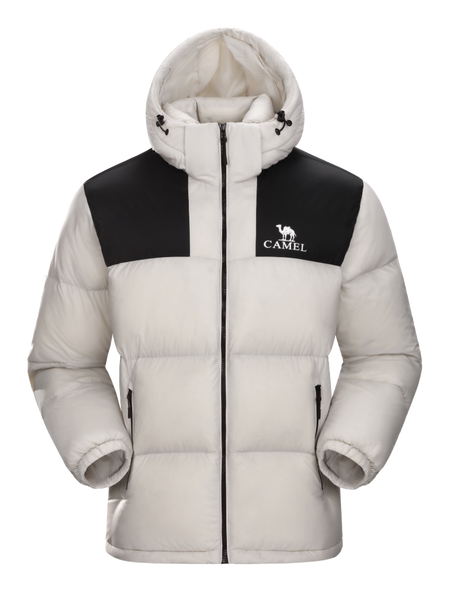 White hooded puffer jacket with black zipper and CAMEL logo, color-block panels.