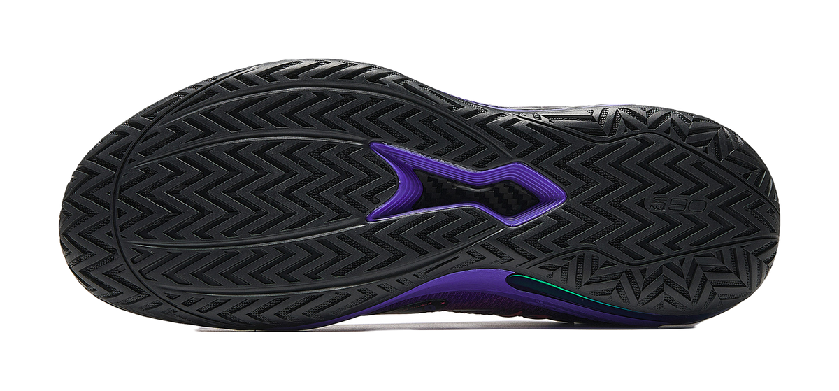 ANTA mens basketball shoe outsole with black tread and purple grip stripe