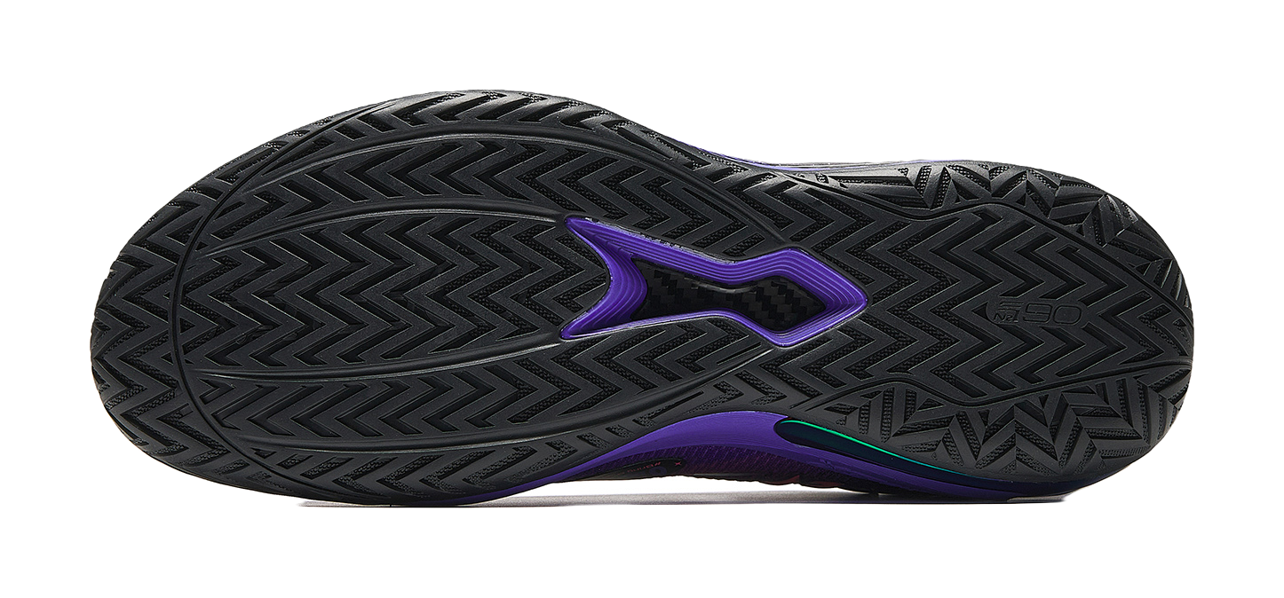 ANTA mens basketball shoe outsole with black tread and purple grip stripe