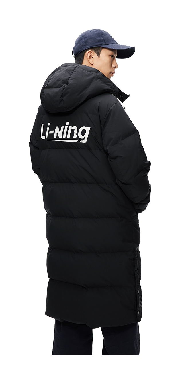 Men's black long hooded down jacket side profile with stripe trim