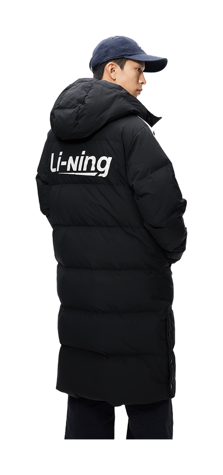 Men's black long hooded down jacket side profile with stripe trim