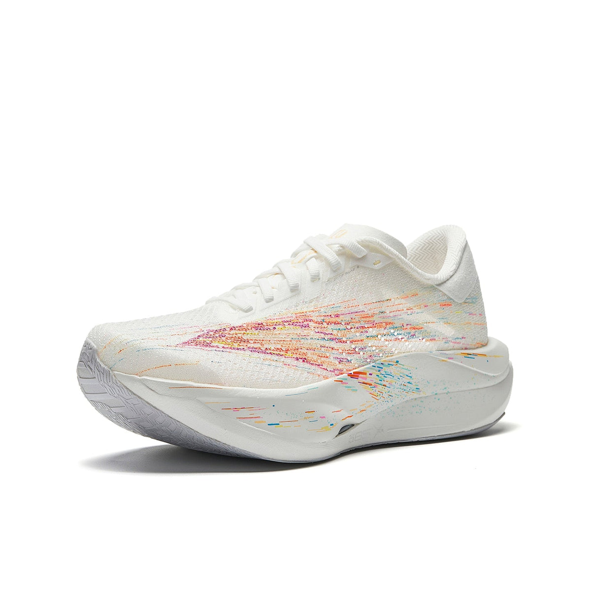 Women's white running shoes, side view with multicolor graphic on mesh upper