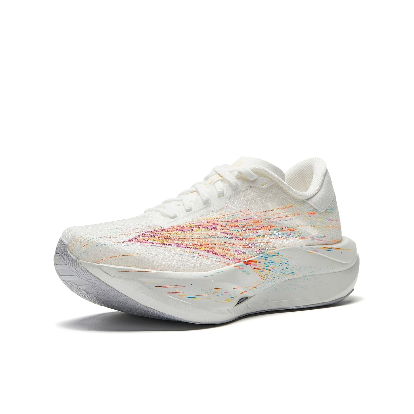 Women's white running shoes, side view with multicolor graphic on mesh upper