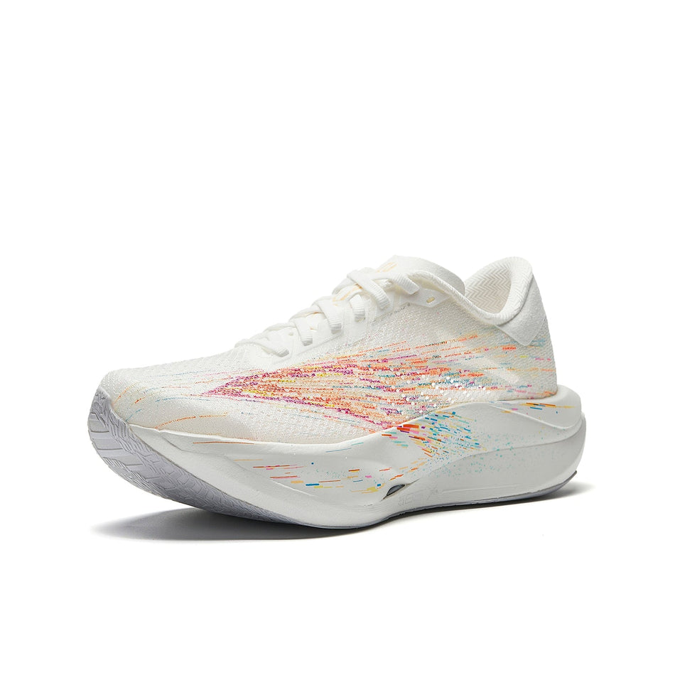 Women's white running shoes, side view with multicolor graphic on mesh upper