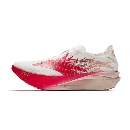 White and red racing running shoe with horse graphic, lace-up unisex