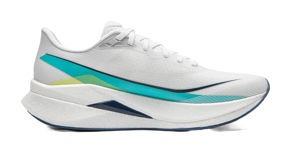Unisex white running shoe viewed from side, with teal and green stripe details