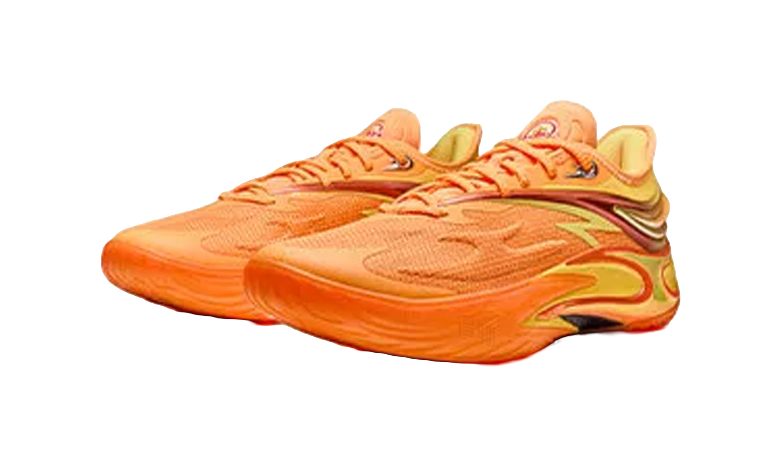 Orange basketball shoe side view with green-yellow trim