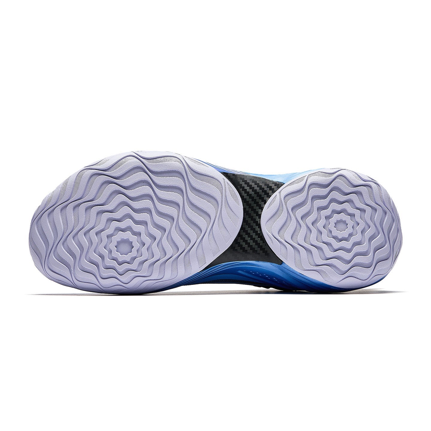 Basketball shoe outsole with blue edge and light gray patterned traction