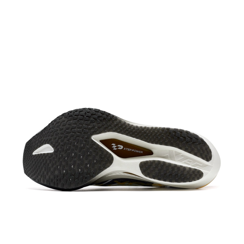 Marathon racing shoe outsole, black tread with white midsole edge and Xtep logo